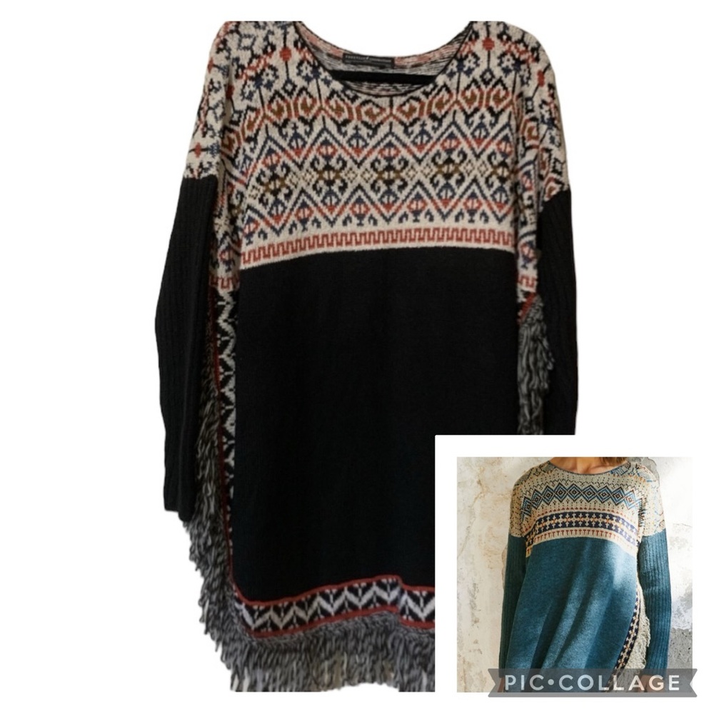 Peruvian Connection Alpaca Blend Geometric Print Fringe Sweater